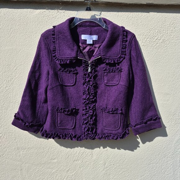 Anthro Purple Ruffle Trim Suit Jacket Blazer Retro Y2K Feminine Office Work M - Picture 1 of 16
